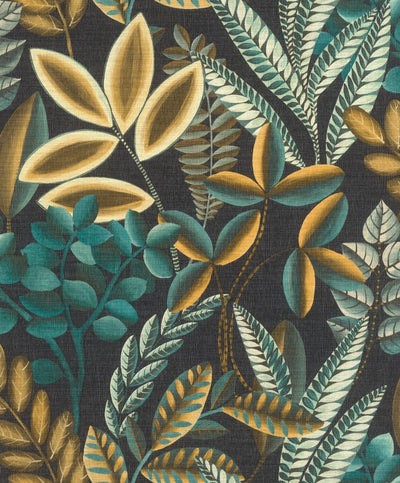 Tapetes ar eksotiskām lapām tumšos toņos uz tekstilā faktūras, 1664271 RASCH