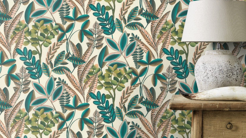 Tapetes ar eksotiskām lapām zaļos toņos uz tekstilā faktūras, 1664223 RASCH