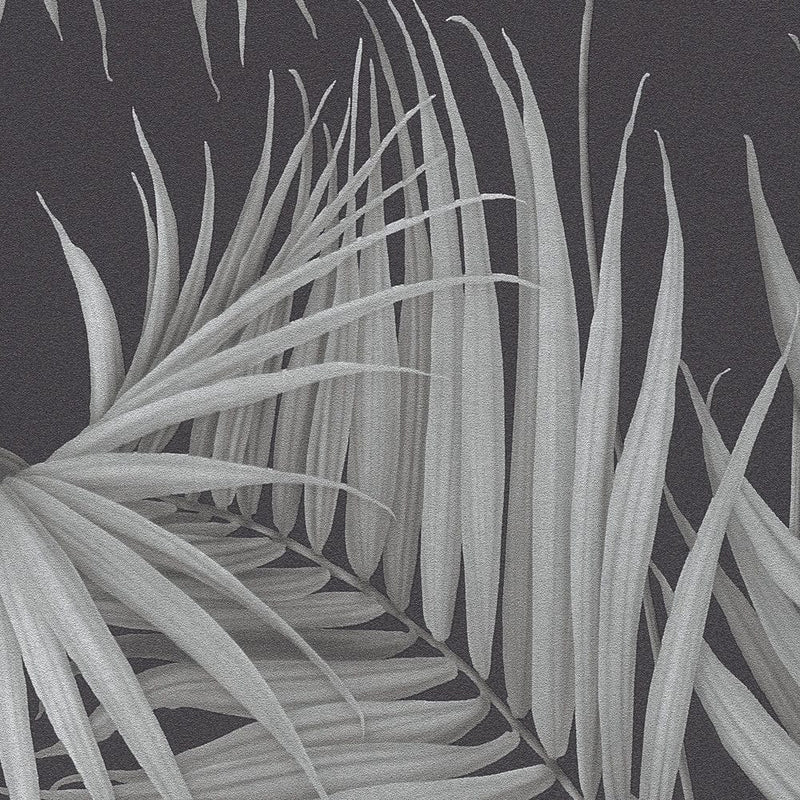 Tapetes ar eksotiskām papardes lapām pelēkā un melnā krāsā AS Creation
