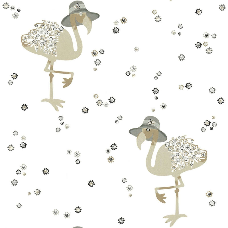 Tapetes ar flamingo un ziedu rakstu - baltā , pelēkā krāsā 1304641 (BEZ PVC) AS Creation