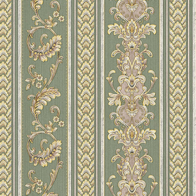 Tapetes ar greznu svītrainu dizainu un ornamentu zaļā krāsā, 1217162 AS Creation