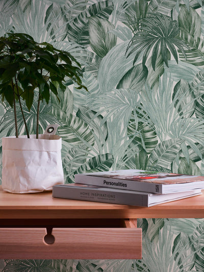 Tapetes ar lapu motīvu zīmēšanas stilā - zaļa un balta krāsā AS Creation