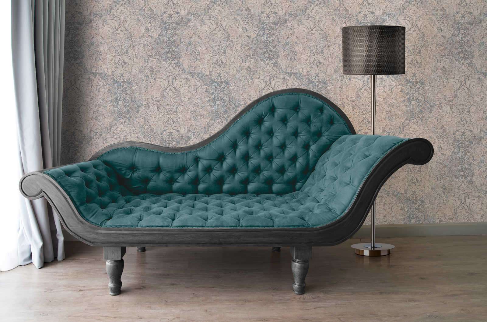 Tapetes ar ornamentu vintage stilā - smilškrāsas, zilā krāsā AS 380931 Tapetenshop.lv