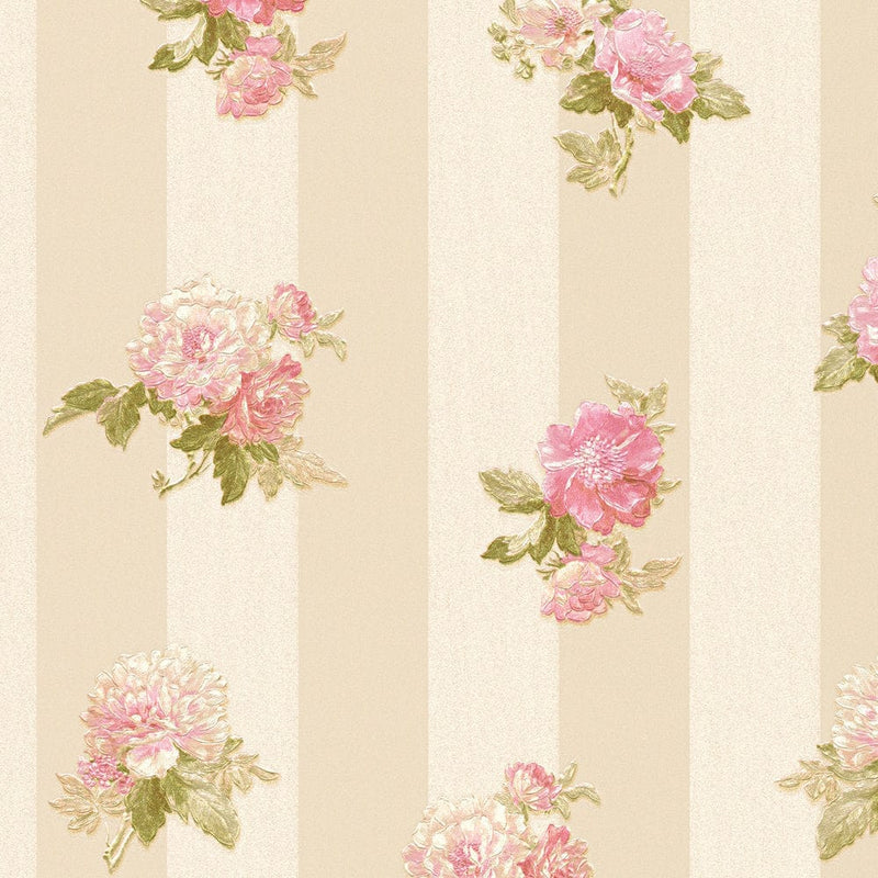 Tapetes ar rožu rakstu un svītrām, krēmā un rozā krāsā, 1122532 AS Creation