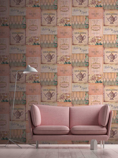 Tapetes ar tējas tematiku vintāžas stilā - rozā krāsā, 1364307 AS Creation