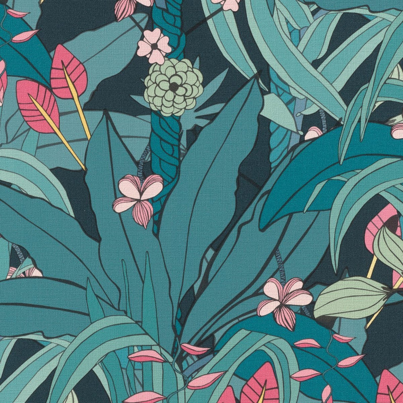 Tapetes ar tropiskām lapām un ziediem tirkīzā krāsā, RASCH 2034473 RASCH