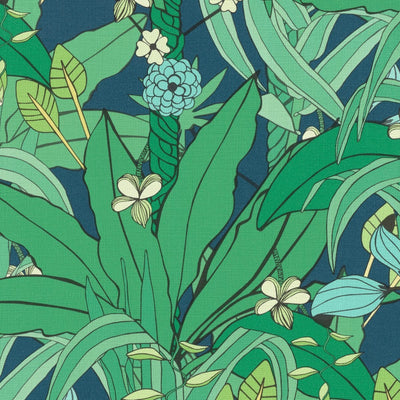 Tapetes ar tropiskām lapām un ziediem zaļā krāsā, RASCH 2034452 RASCH