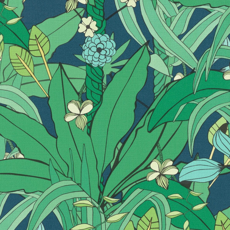 Tapetes ar tropiskām lapām un ziediem zaļā krāsā, RASCH 2034452 RASCH