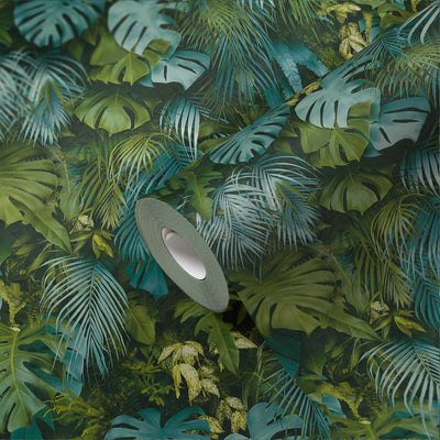 Tapetes ar tropisko mežu, reālistisks raksts, krāsu akcenti - zaļa, zila 1330103