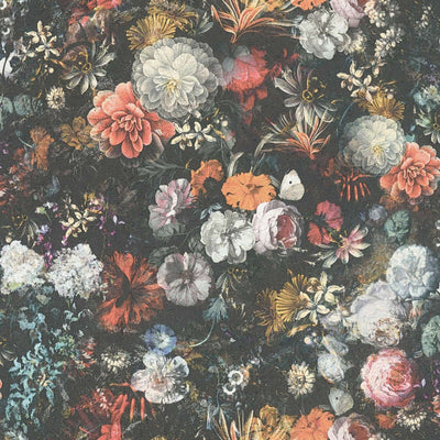 Tapetes ar vintāžas dizainu un daudzkrāsainiem ziediem uz tumša fona, 1350027 Tapetenshop.lv