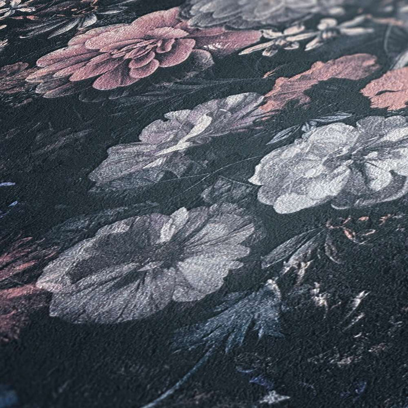 Tapetes ar ziediem vintāžā stilā pelēka un roza krāsā, 1350031 Tapetenshop.lv