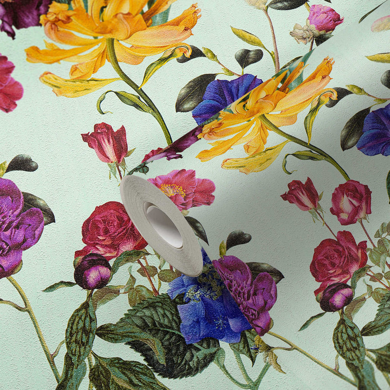 Tapetes ar ziedu rakstu spilgtās krāsā un gaiši zaļa fona, 1331162 AS Creation