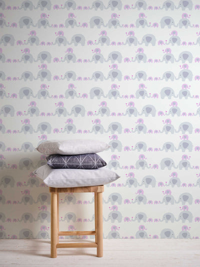 Tapetes ar ziloņiem meiteņu istabai, pelēka un roza krāsa 1350314 Bez PVC AS Creation