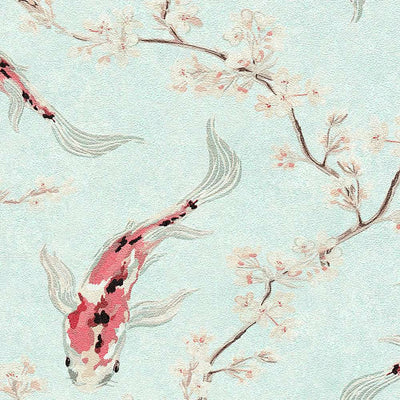 Tapetes austrumu stilā ar koi zivīm - zilā, rozā krāsā AS 374621 Tapetenshop.lv
