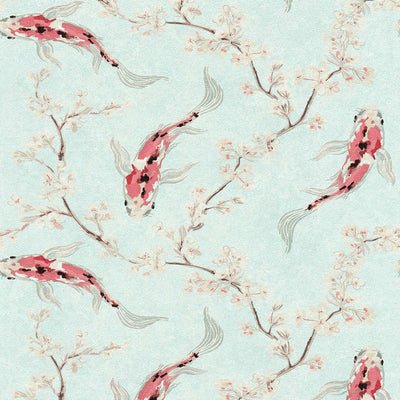Tapetes austrumu stilā ar koi zivīm - zilā, rozā krāsā AS 374621 Tapetenshop.lv