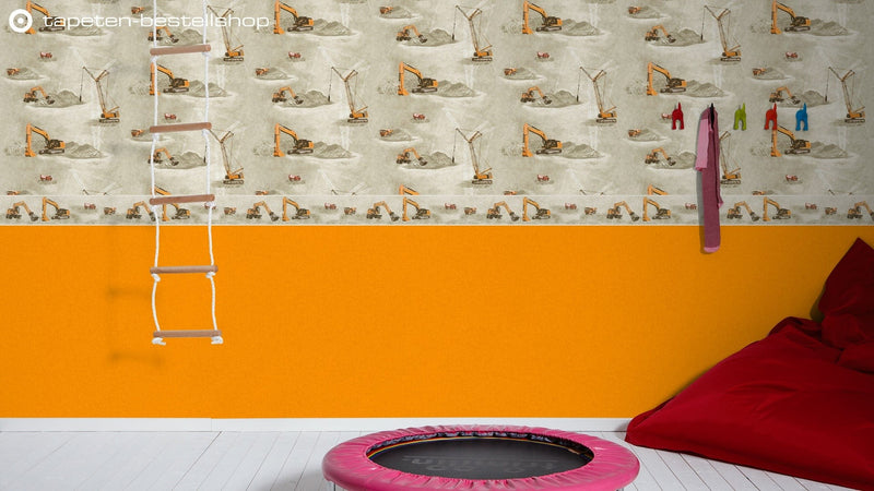 Tapetes bērnu istabai ar ekskavatoriem oranžā krāsā, 1274455 (BEZ PVC) AS Creation