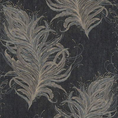 Melnas flizelīna tapetes ar spalvām metāliskās krāsās 380094 Tapetenshop.lv