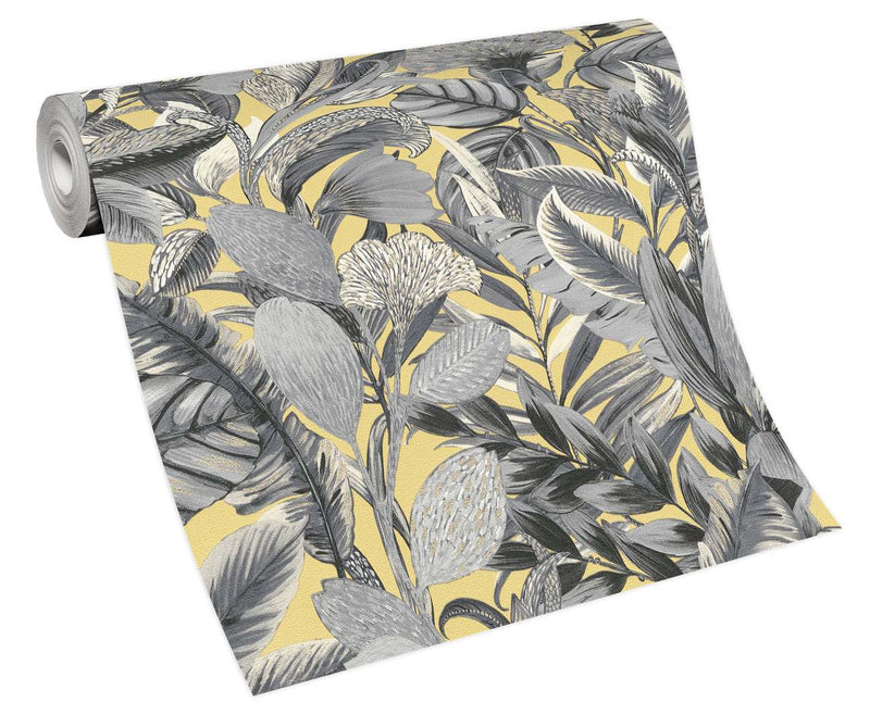 Tapetes botāniskā stilā ar eksotiskām lapām, dzeltenā un pelēkā krāsā, 3710467 Erismann