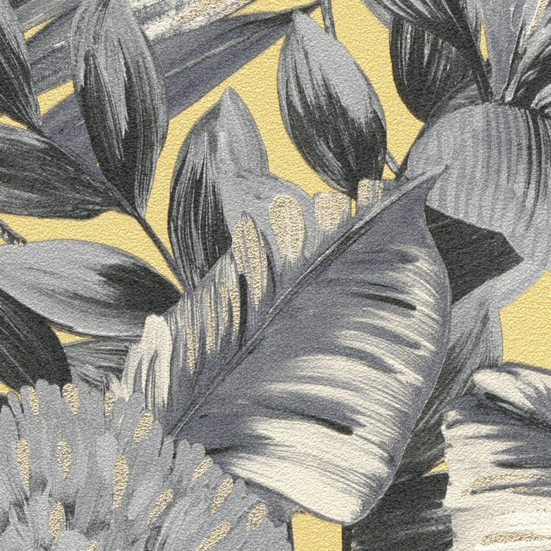 Tapetes botāniskā stilā ar eksotiskām lapām, dzeltenā un pelēkā krāsā, 3710467 Erismann