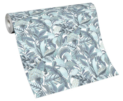 Tapetes botāniskā stilā ar eksotiskām lapām, tirkīzā krāsā - 3710472 Erismann