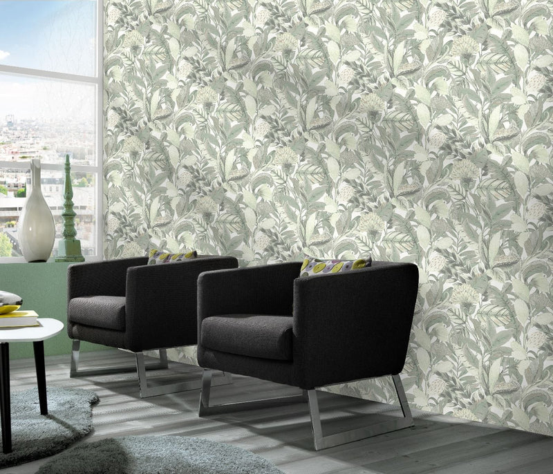 Tapetes botāniskā stilā ar eksotiskām lapām, zaļā krāsā, 3710457 Erismann