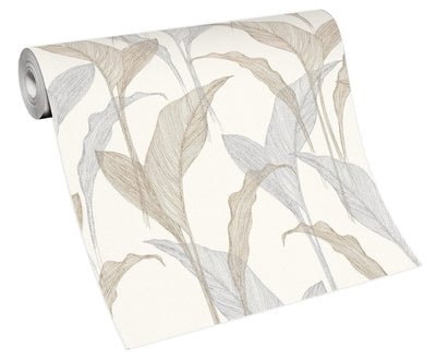 Tapetes botāniskā stilā ar lapām krēmkrāsā un sudrabā krāsa, 3711444 Erismann