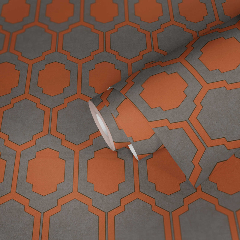 Tapetes retro stilā ar simetrisku rakstu - pelēka, oranža, 1334011 AS Creation