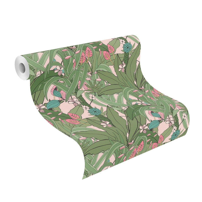 Tropiskas tapetes RASCH ar zaļam lapām uz rozā fona, 2034511