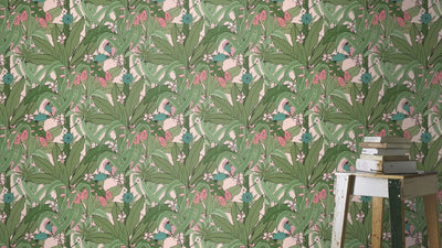 Tropiskas tapetes RASCH ar zaļam lapām uz rozā fona, 2034511