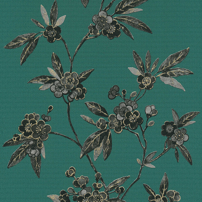 Ziedu tapetes ar vijolīšiem Austrumu stilā, uz zaļa fona AS 374722 Tapetenshop.lv