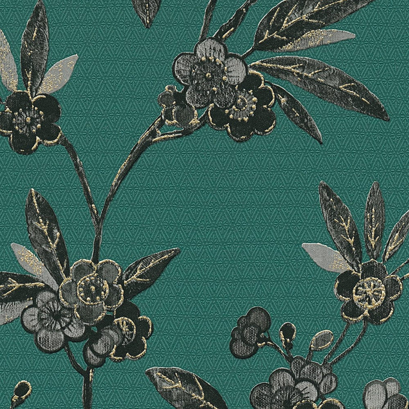 Ziedu tapetes ar vijolīšiem Austrumu stilā, uz zaļa fona AS 374722 Tapetenshop.lv
