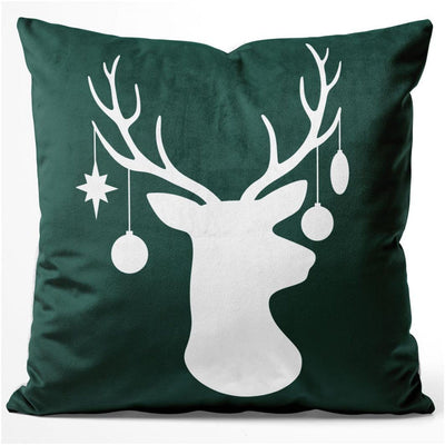 Ziemassvētku spilvendrānas (velūra) - Meža karalis, balta ziemeļbrieža galva un ragi uz zaļā fona G-art