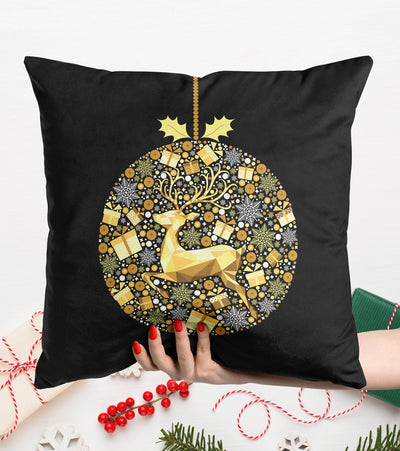 Ziemassvētku spilvendrānas (velūra) - Ziemassvētku ziemeļbriedis, zelta dekors uz melna fona G-art